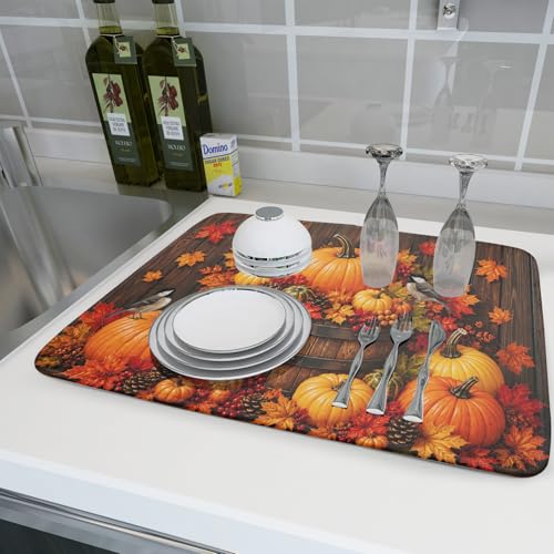 Autumn Dish Drying Mat for Kitchen Countertop Fall Pumpkin Maple Leaf Birds Dish Drainer Mats 18x24inch Rustic Wood Board Grain Dish Drying Rack Pad Protector for Dining Seasonal Decor (24" x 18")