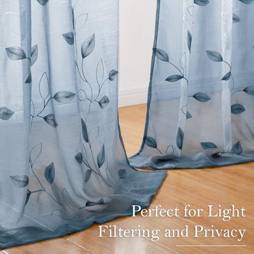 Stone Blue Sheer Curtains Floral Embroidered (52"W x 63"L (Pack of 2) / Stone Blue)