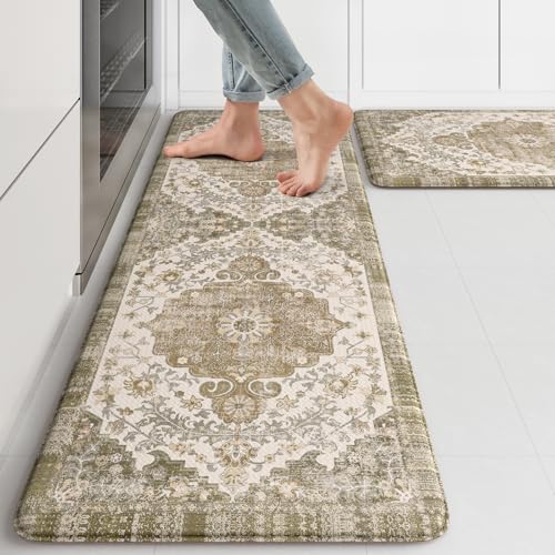 Anti Fatigue Mats for Kitchen Floor 2 piece (Khaki/Multi / 17.3" x 47"+17.3" x 29"--0.47 inches)