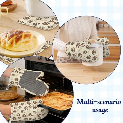 Dog Bone Paw Print Pot Holders and Oven Mitts Set Silicone Cute Animal Paws Kitchen Gloves Potholders Heat Resistant Washable (Dog Bone Paw Print,cute Animal Paws)