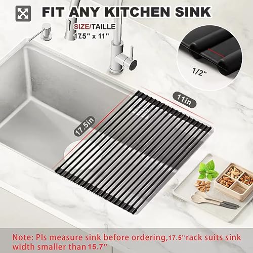 Roll Up Over The Sink Dish Drying Rack Silicone Wrapped Foldable (Rectangle-black / Rectangle: 17.5" x 11")