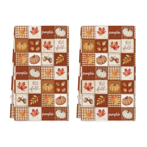 Pumpkin Leaves Check Fall Kitchen Towels Set of 2 18x26 Inch