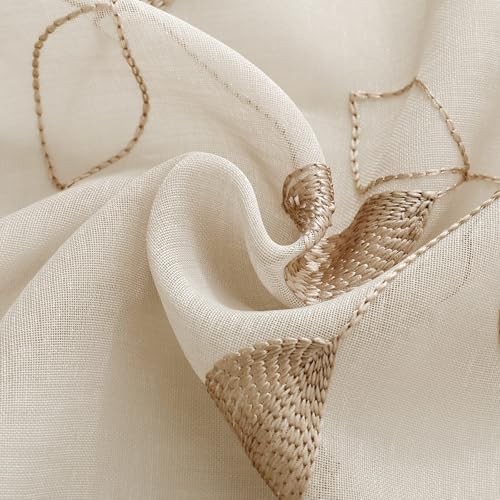 Taupe Kitchen Sheer Curtains Leaf Embroidered (30"W x 24"L (Pack of 2) / 2-taupe/Beige)