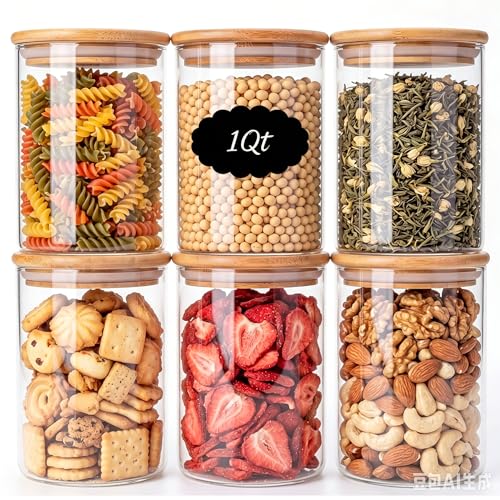 6 Pack 1Qt Round Glass Storage Jars with Bamboo Lids (1Qt*6)