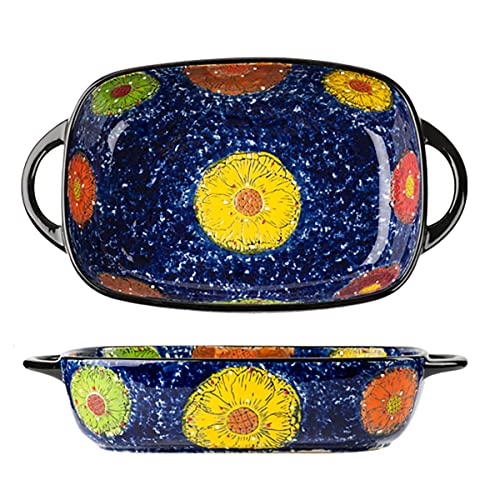 Vintage Style Pottery Bakeware Colorful Daisy Pattern Ceramic Casserole Dish Baking Pan Lasagna Pans Baking Dish with Handles from Oven to Table Plate (ColorfulDaisy / 60 OZ)