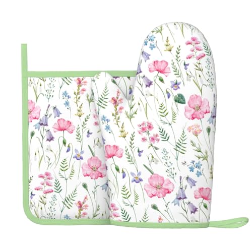 Pink Floral Silicone Oven Mitts Pan Mats Set of 2 (Black7)