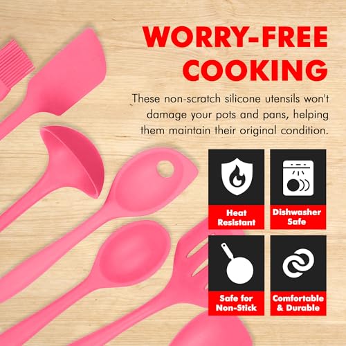 Premium Silicone Kitchen Tools and Utensils Set (7 Piece Set / Pink)
