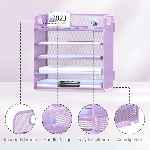 5 Trays Paper Organizer Letter Tray with Handle (Purple)