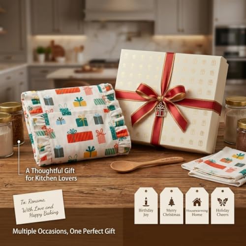 Women Cotton Apron Ruffle Adjustable Strap with Pocket (Gift Box)