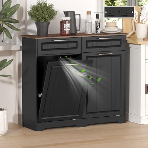 Double 10 Gallon Tilt Out Trash Can Cabinet with Deodorizing Function and Power Outlet (Black / 13.11"D x 40.16"W x 35.2"H(Double))