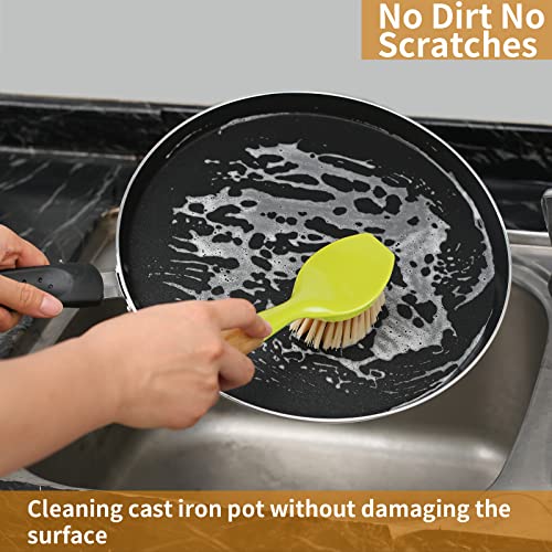 2 Pack Kitchen Dish Brush Bamboo Handle Dish Scrubber Built (Green)