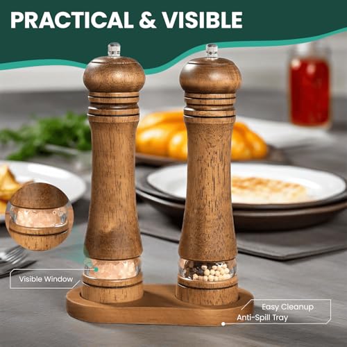 2 Piece Salt and Pepper Grinder Set with Wood Tray (Brown / 8-Inch with Tray)
