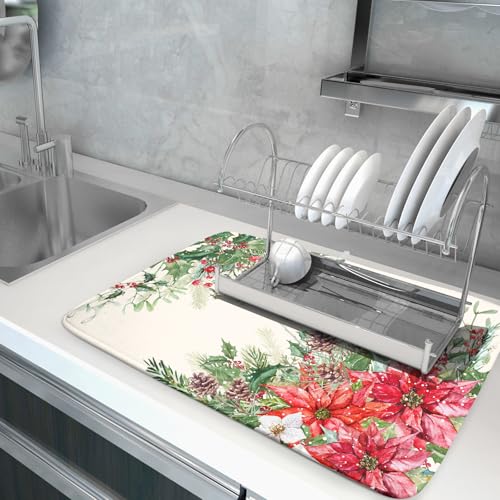 Poinsettia Dish Drying Mat for Countertop 18"x24" Christmas Red Floral Winter Holly Berries Dish Drainer Mats Absorbent Microfiber Dish Drying Pad Protector for Kitchen Home Decor Large (24" x 18")