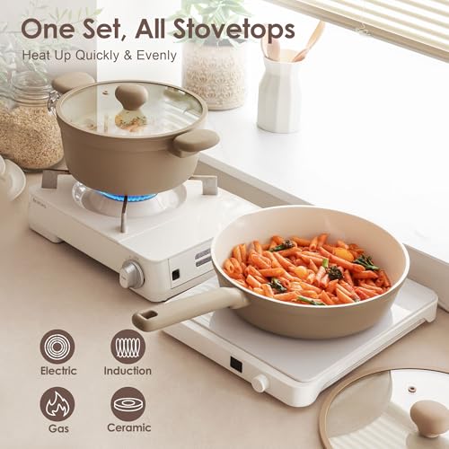 Ceramic Nonstick Pots and Pans Set (Almond Beige / 17pcs)