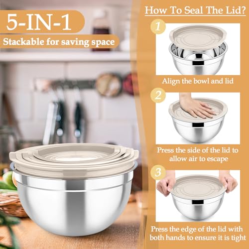 Mixing Bowls Stainless Steel Nesting Salad Bowls Set (Khaki / Airtight Lids)