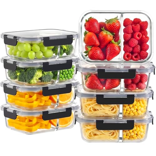 8 Pack 2 Compartment 36oz Borosilicate Glass Meal Prep Containers with Lids (Black / 8 Pack 2 Compartment)
