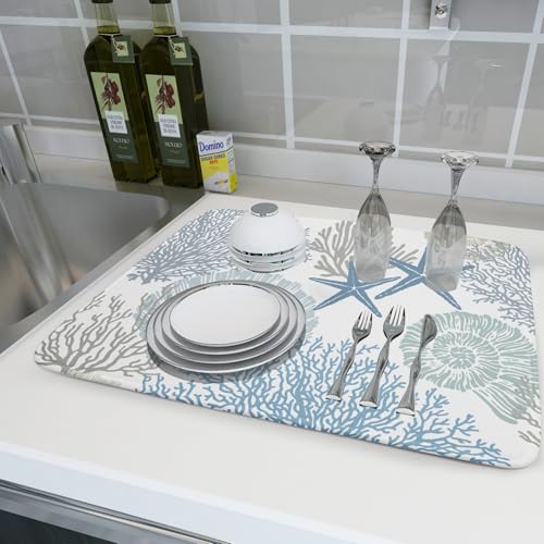 Nautical Dish Drying Mat for Kitchen Counter Coastal Seashell Starfish Summer Microfiber Absorbent Dish Draining Reusable Washable Foldable Extra Large 18"x24" (24" x 18")