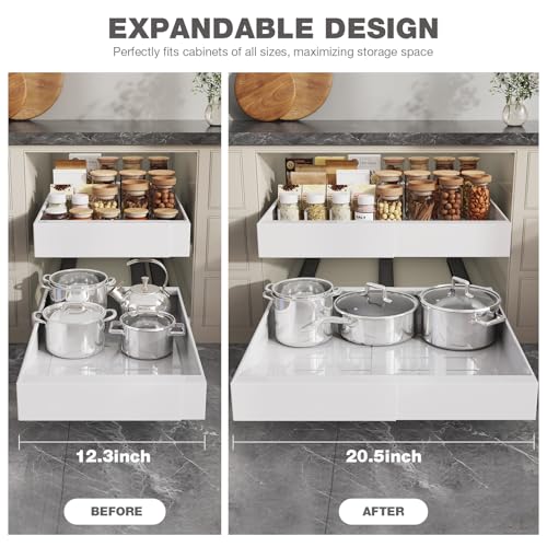 2 Pack Pull Out Cabinet Organizer 19" Deep (White / 19"D x 12.3"-20.5"W(2Pack))