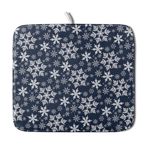 Christmas Dish Drying Mat for Kitchen Counter 18x16 Inch Xmas Snowflake Drying Mat with Absorbent Reversible Microfiber Blue Dish Drainer Mats Rack Pad for Coffee Countertop Protector (Blue / 18" x 16")