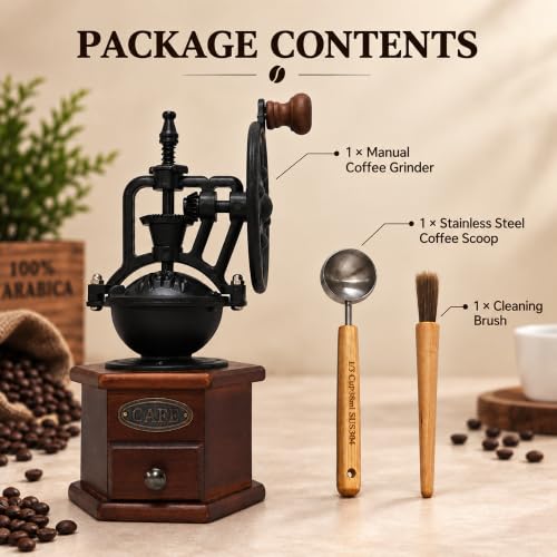 Vintage Manual Coffee Grinder with Cast Iron Ferris Wheel Hand Crank (Espresso Brown (Hexagon Base))