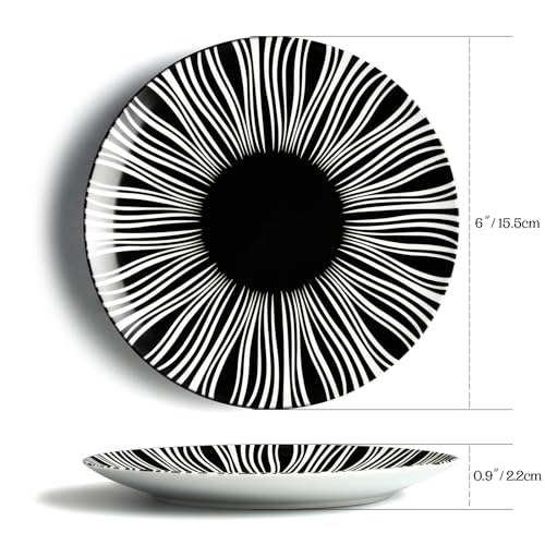 Black and White Striped Ceramic Plates Set of 6 (Black plates with white stripes / 6 inch)