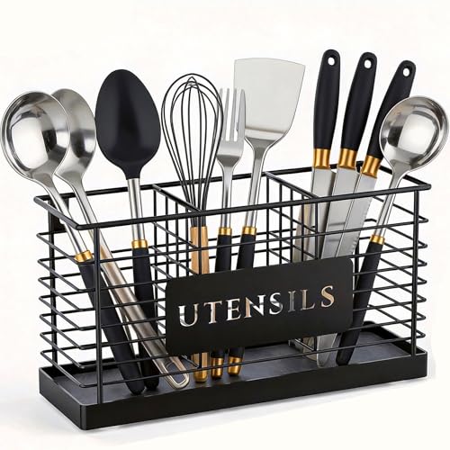 Utensil Holder for Kitchen Counter with Diatomaceous Earth Base (Black-3 Slots)