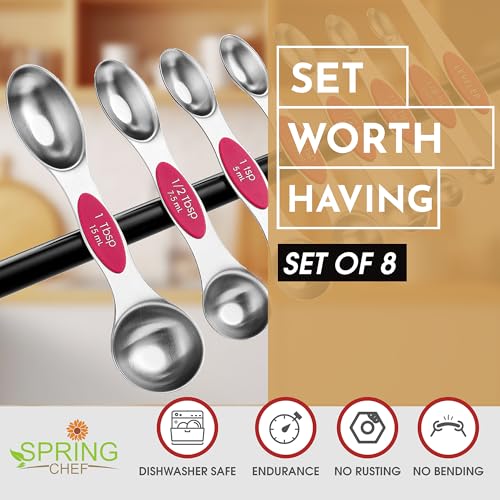 Dual Sided Magnetic Measuring Spoons Set of 8 for Kitchen (Pink / 1-Pack)