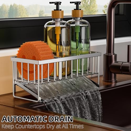 Kitchen Dish Soap Dispenser Set with 2 Pack 16.9oz Amber Glass Bottle and Sponge Holder (Nickel Brushed Sink Caddy + Clear Bottle)