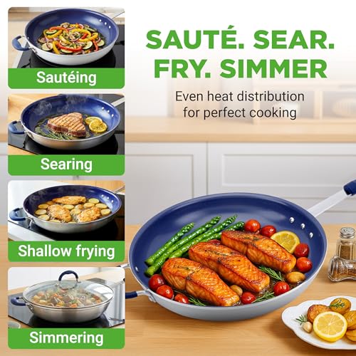 14" Fry Pan With Lid (Silver exterior/Blue interior / 14")