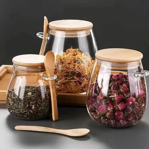Airtight glass jar storage container with bamboo lid Set of 4 (Small*4pcs)