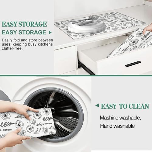 Black and White Floral Aesthetics Dish Drying Mat (Black/White / 24" x 18")