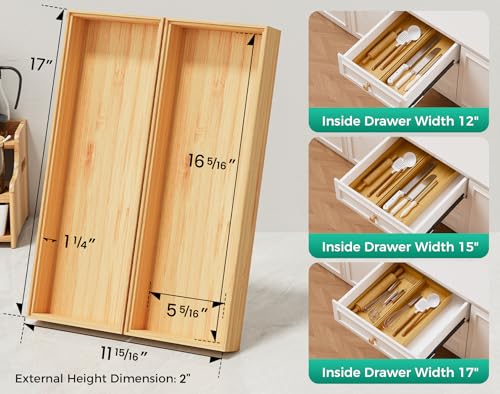 Long Bamboo Kitchen Drawer Organizer Boxes 17" x 6" Wood Pantry Organizers (Bamboo / 17" x 6" x 2")