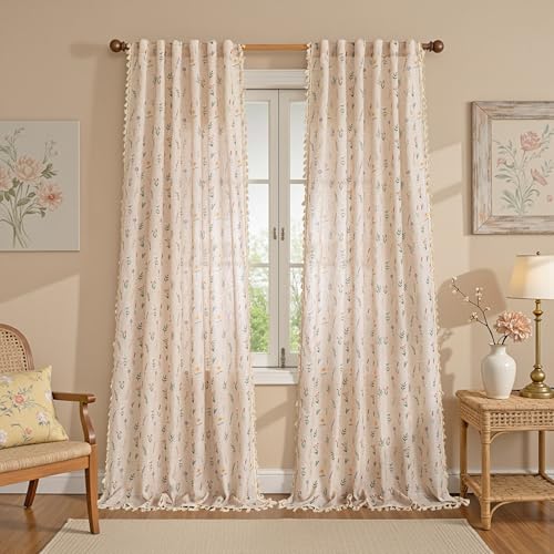 Floral Boho Farmhouse Curtains 96 Inches Long Linen Blend Light Filtering Living (Flesh Pink / 50"W x 96"L (Pack of 2))