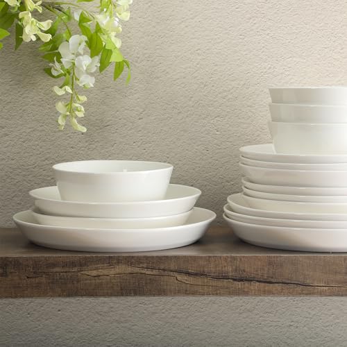 Summer Shades 16 Piece Plates and Bowls Dishes Service for 4 Porcelain Dinnerware Set (White (White Summer Shades) / Service for 4 (16pcs))