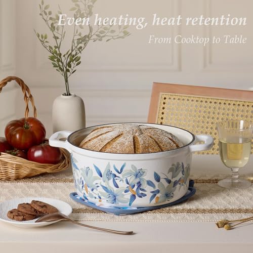5QT Enameled Floral Cast Iron Dutch Oven Pot with Lid (Blue Floral / 5QT)