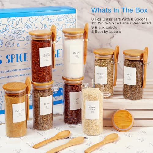 8 Pcs Glass Containers with Bamboo Lids and Spoons (10oz)