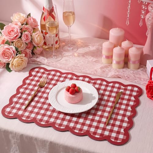 Red Scalloped Gingham Coffee Mat 12" x 20" Absorbent Bar Mat (Red / Gingham)