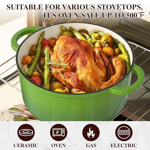 7QT Enameled Cast Iron Dutch Oven with Lid & Cotton Potholders (Green / 7QT)
