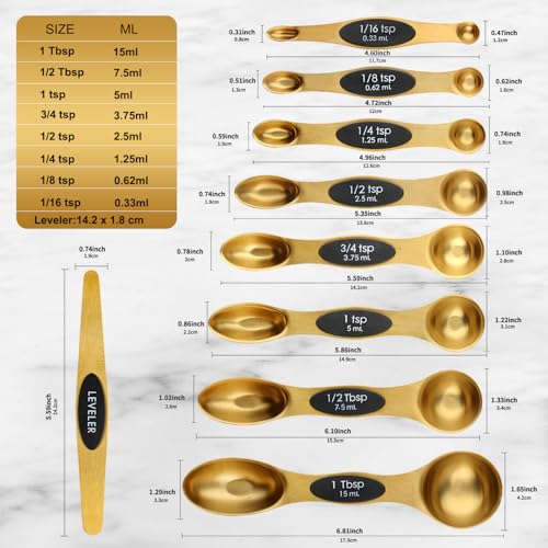 Gold Magnetic Measuring Spoons Set Stainless Steel with Leveler (Gold)