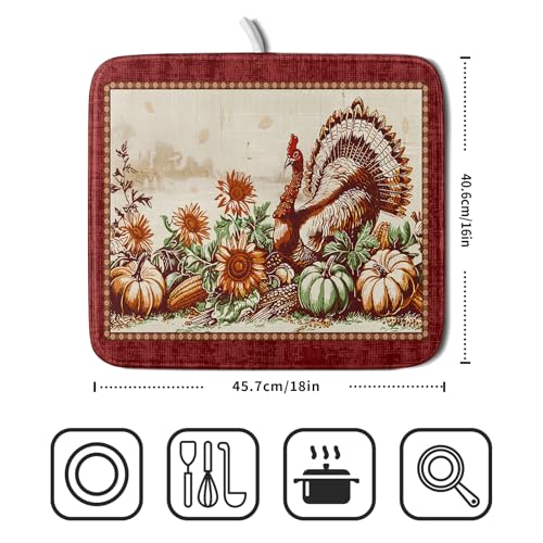 Rustic Turkey Dish Drying Mat for Kitchen Countertop 16x18 inch Fall Thanksgiving Pumpkin Sunflowers Harvest Dish Drainer Mats Fast Drying Farmhouse Country Style Dish Drying Pad Holiday Decor (18" x 16")