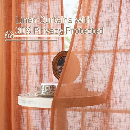 Semi Sheer Linen Curtains 45 Inches Long for Bedroom 2 Panels (52"W x 45"L (Pack of 2) / Burnt Orange)