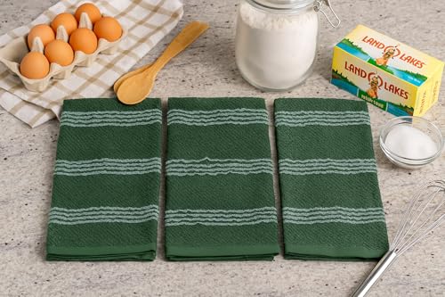 Dark Green Kitchen Hand Dish Towels Waffle Ruffle Textured Set of 3 (Rainah Dark Green)