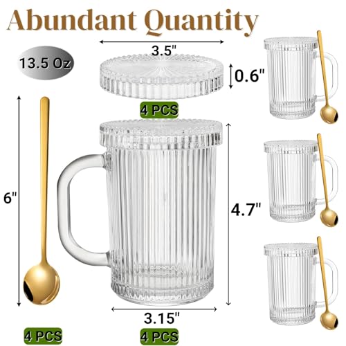 4 Pack Glass Coffee Mugs with Lid and Spoon