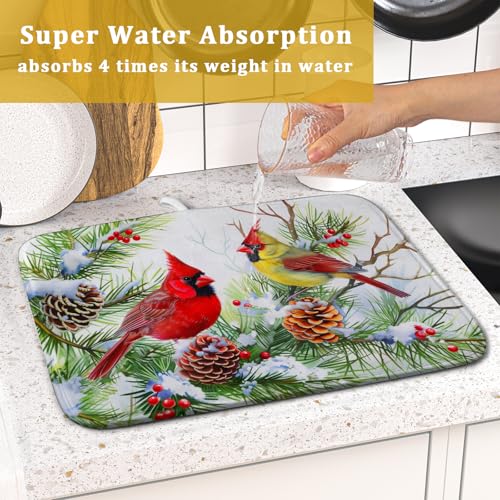 Red Birds Dish Drying Mat (18" x 16")