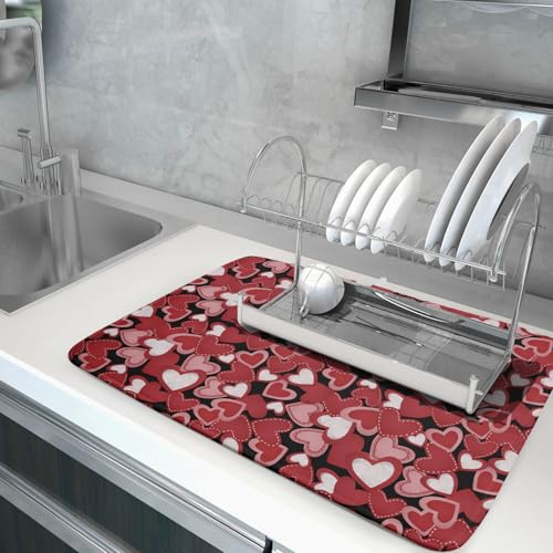 Valentines Day Dish Drying Mat for Kitchen Counter 24x18 Inch Love Drying Mat with Absorbent Reversible Microfiber Black Red Grey Heart Dish Drainer Mats Rack Pad for Coffee Countertop Protector (Red Grey Black / 24" x 18")