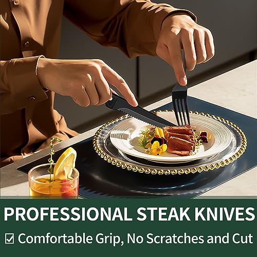 24 Piece Black Silverware Set with Steak Knives (Hammered Edge)