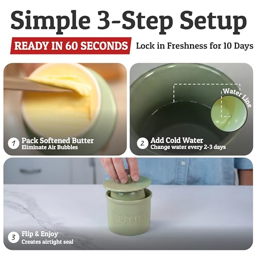Butter Crock with Lid for Countertop with Spreader Knife and Water Line (Sage / Regular)