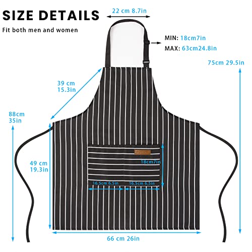 2 Pack Adjustable Bib Apron with 2 Pockets Chef Cooking Kitchen Restaurant Aprons for Women Men (Black/Brown Stripes)
