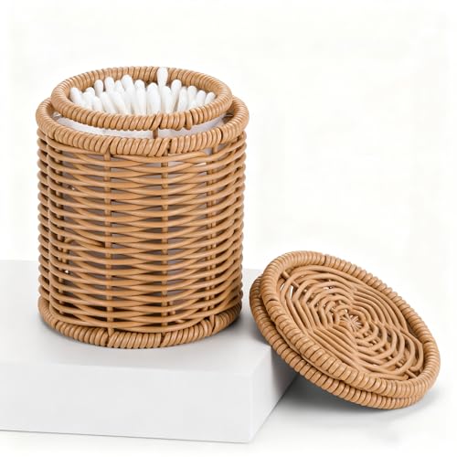Rattan Q tip Holder with Lid (3.94" x 3.94" x 4.73")