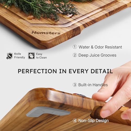 3 Pack Teak Wood Cutting Boards for Kitchen Wood Charcuterie Board Non Slip (Set of 3 with Holder)